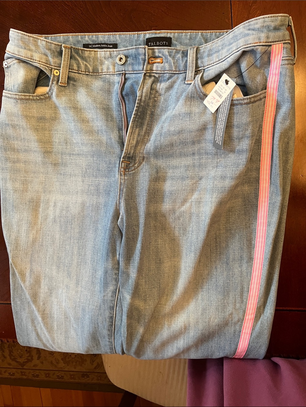 Talbots Light Blue Denim Straight-Leg Jeans with Pink Side Stripe